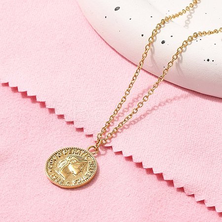 304 Stainless Steel Flat Round Cameo Pendant Cable Chain Necklaces for Women STAS-Z108-02G-02-1