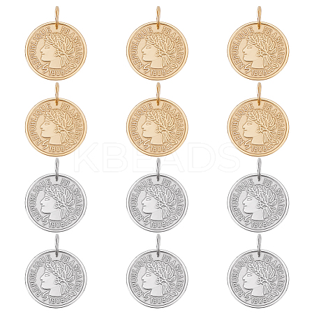 12Pcs 2 Colors 304 Stainless Steel Coin Pendants STAS-UN0064-48-1