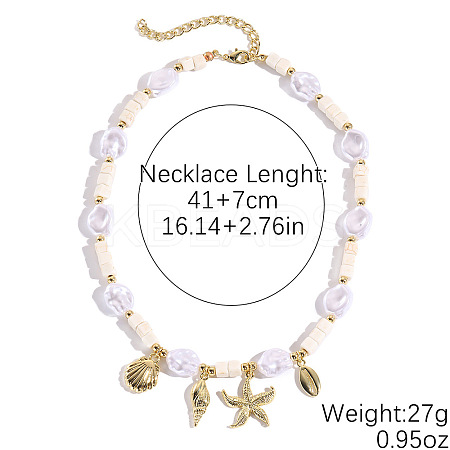 Ocean Shell Shape & Starfish Alloy Pendant Plastic Pearl & Dyed Synthetic Turquoise Square Beaded Necklaces FS-WG16541-02-1