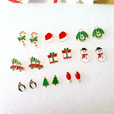 9 Pairs Christmas Alloy Enamel Stud Earrings EJEW-G449-01G-1