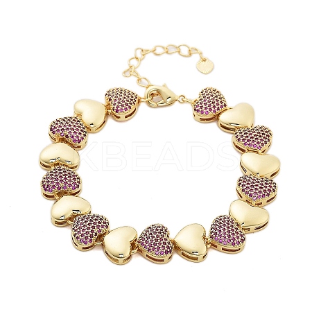 Rack Plating Brass Micro Pave Cubic Zirconia Heart Link Chain Bracelets for Women BJEW-B109-01G-02-1