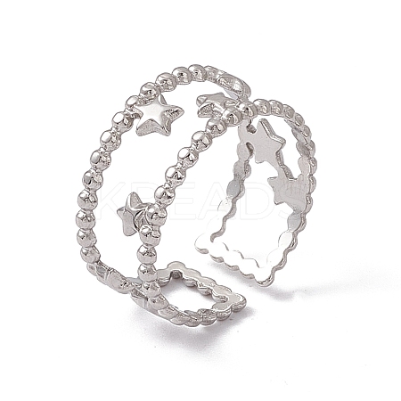 Non-Tarnish 304 Stainless Steel Stars Double Line Open Cuff Ring for Women RJEW-C045-24P-1