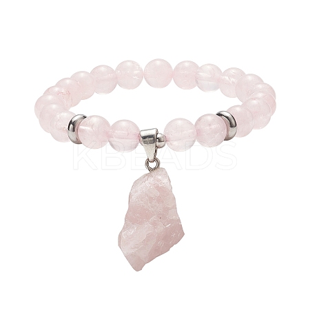 Round Natural Rose Quartz Beaded Stretch Bracelet with Nuggets Charms for Women BJEW-JB09316-02-1