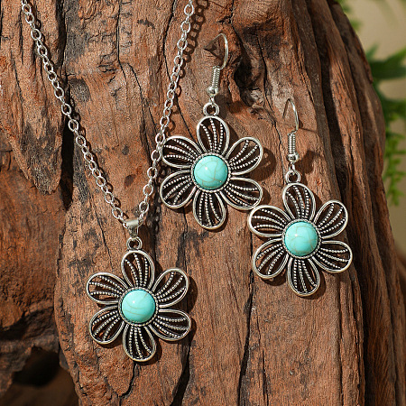 Bohemian Style Zinc Alloy & Synthetic Turquoise Pendant Necklaces & Dangle Earrings Sets WG40DB6-06-1