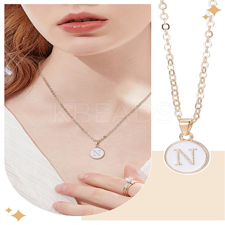 1Pc Zinc Alloy White Enamel Round with Letter Pendant Necklaces NJEW-LP0002-88G-N-1