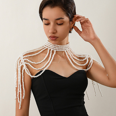 Plastic Imitation Pearl Round Beaded Multilayer Bridal Shoulder Chains WG39BFF-02-1