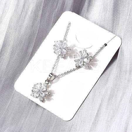 Flower Brass Micro Pave Clear Cubic Zirconia Stud Earrings & Pendant Necklaces Sets SJEW-Z002-04P-1