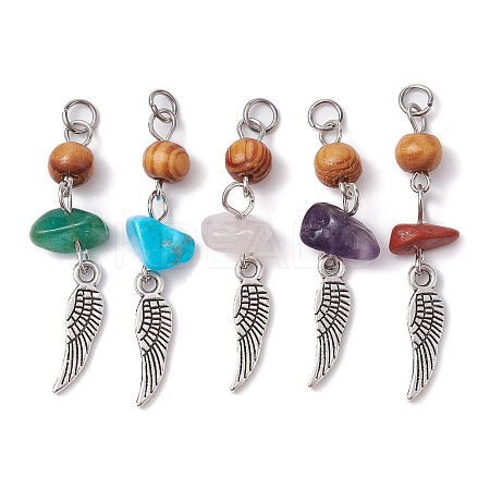 5Pcs 5 Styles Natural Mixed Gemstone Chip Pendants with Wood Beads PALLOY-JF02297-S-1