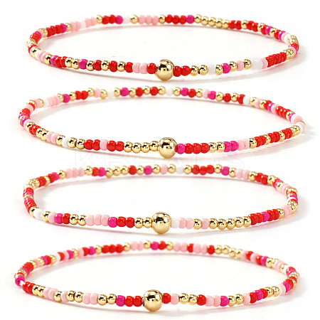 4Pcs Bohemian Glass Seed Bead & Brass Beads Stretch Bracelets for Women DR1565-7-1