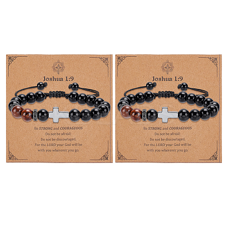 Adjustable Natural Yellow Tiger Eye & Obsidian Round Beaded Braided Bead  Bracelets BJEW-WH0023-97-1