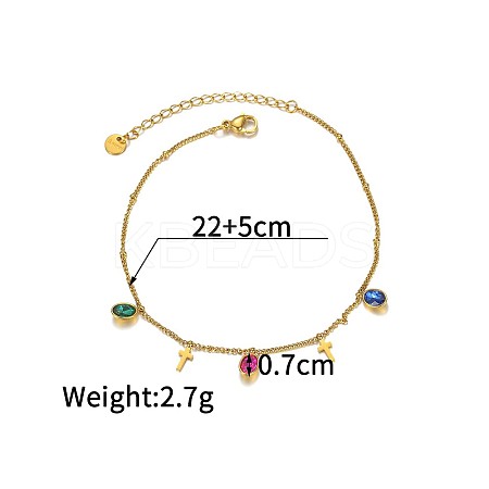 Bohemian Style 304 Stainless Steel Pave Cubic Zirconia Oval Cross Charm Anklets FS-WGDB107-06-1