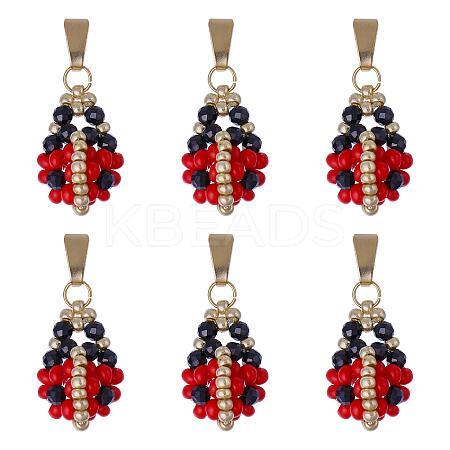 6Pcs Glass Seed Beaded Ladybird Pendants PALLOY-CA00021-1