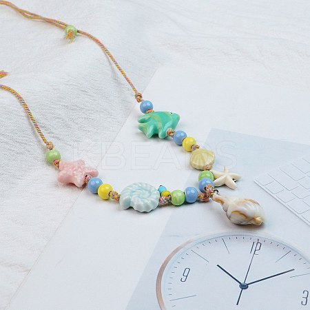 Ceramics Starfish Fish & Resin Shell Shape Pendant Adjustable Cotton Cord Necklaces for Women LS-NJEW-Z100-01B-G-1