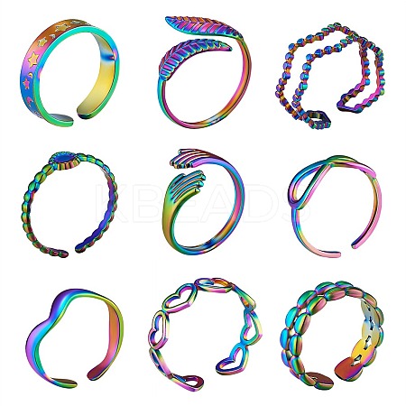 9Pcs 9 Style 304 Stainless Steel Hand & Infinite & Heart & Moon Cuff Rings RJEW-SZ0001-19-1