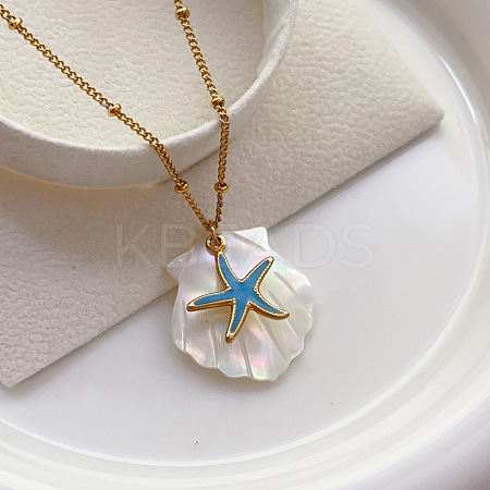 Natural Shell & 304 Stainless Steel Pendant Satellite Chain Necklaces for Women FS-WG3FAFC-01-1