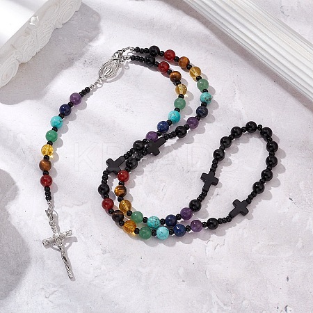 Gemstone Chakra Cross Pendant Rosary Bead Necklaces for Women NJEW-TA00176-1