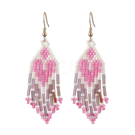 Heart Glass Seed Beaded Tassel Dangle Earrings for Women EJEW-MZ00201-02-1