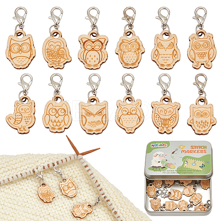 Wood Owl Pendant Locking Stitch Markers HJEW-NB00124-1