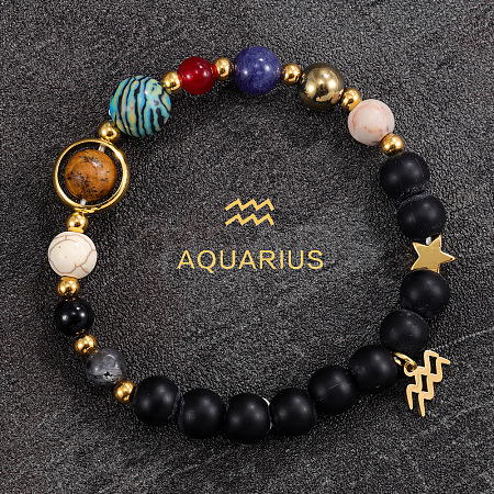 12 Zodiac Sign Natural Black Obsidian Round Beads & Synthetic Mixed Gemstone Beads Charm Bracelets for Men Women WG666A9-01-1