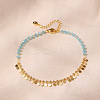 Bohemian Natural Dyed Stone Imitation Aquamarine Faceted Round & Brass Disc Tassel Anklets AJEW-Z046-07G-1