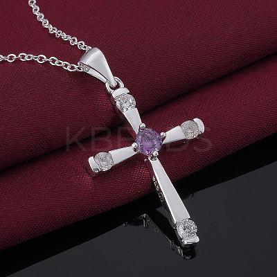 Silver Color Plated Brass Cubic Zirconia Cross Pendant Necklaces NJEW-BB09493-1