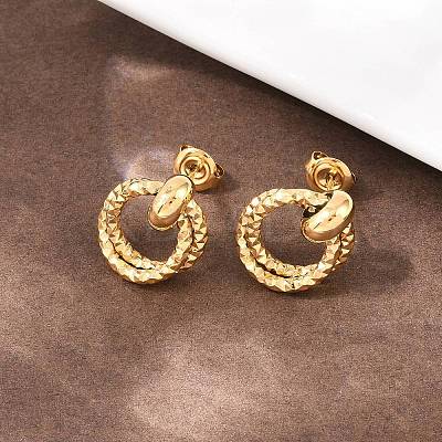 304 Stainless Steel Textured Ring Stud Earrings EJEW-P324-03G-1