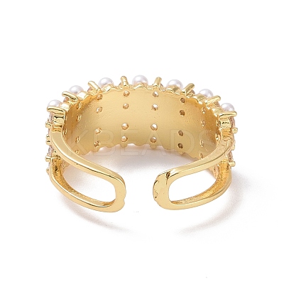 Clear Cubic Zirconia Rectangle Open Ring with Acrylic Pearl Beaded RJEW-P032-17G-1