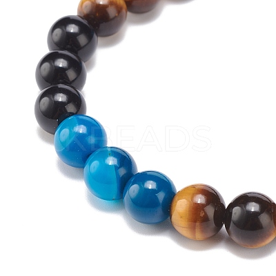 Natural Agate & Tiger Eye & Black Onyx Round Beaded Stretch Bracelet BJEW-JB08400-02-1