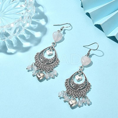 Natural Rose Quartz Heart Chandelier Earrings EJEW-JE05364-01-1