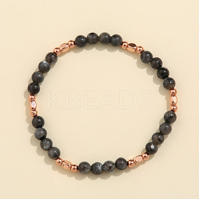 Natural Larvikite & Brass Bead Stretch Bracelets for Women HH3302-1-1
