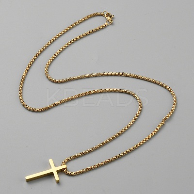 Stainless Steel Cross Pendant Necklace with Box Chains NJEW-WH0016-48G-1