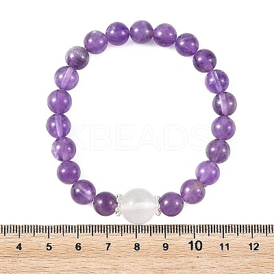 2Pcs 2 Styles Natural Amethyst & Quartz Crystal Round Beaded Stretch Bracelet Sets BJEW-TA00751-1