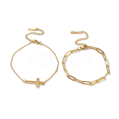 304 Stainless Steel Paperclip Chains & Cable Chain Bracelet Sets AJEW-U005-05A-G-1