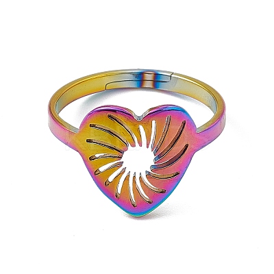 Ion Plating(IP) 201 Stainless Steel Hollow Out Heart Adjustable Ring for Women RJEW-C045-02M-1