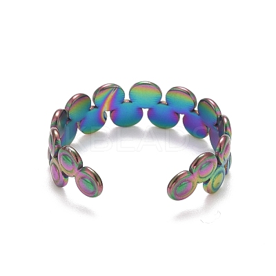 Rainbow Color Ion Plating(IP) 304 Stainless Steel Flat Round Wrap Open Cuff Ring for Women RJEW-A005-34MC-1