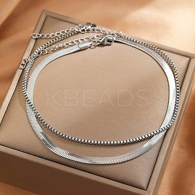 304 Stainless Steel Flat Snake Chain & Box Chain Double Layer Anklets for Women LS-AJEW-F069-02P-1