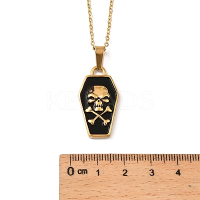 Halloween Theme 304 Stainless Steel Black Enamel Coffin with Skull Pendant Necklaces for Men LS-NJEW-Z090-01G-1