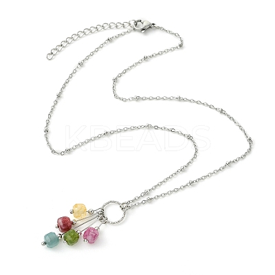 Natural Multicolor Tourmaline Faceted Cube Beaded Tassel Pendant 304 Stainless Steel Satellite Chain Necklaces for Women NJEW-JN06448-01-1