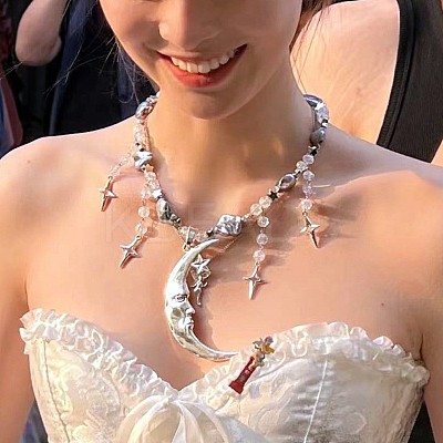 Moon Star Alloy & Silver Color Plastic Imitation Pearl Big Pendant Necklaces for Women FS-WG21961-01-1