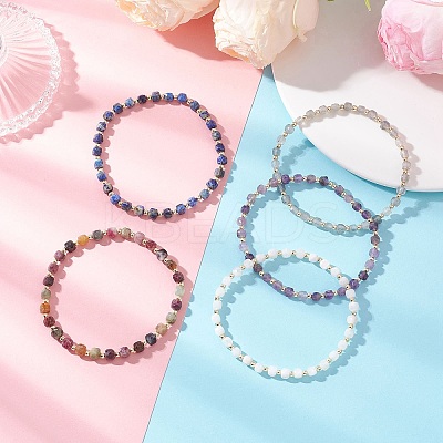Cube Natural Gemstone & Electroplate Non-magnetic Synthetic Hematite Beaded Stretch Bracelets for Women BJEW-JB13355-1