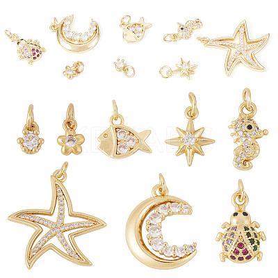 8Pcs 8 Styles Brass Micro Pave Cubic Zirconia Pendants KK-TA0002-53-1