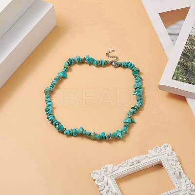 Dyed Synthetic Turquoise Chip Beaded Necklaces with 304 Stainless Steel Lobster Claw Clasp & Chain Extender NJEW-JN04225-05-1