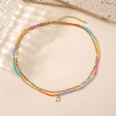 Colorful Glass Seed Beaded Initial Pendant Double Layer Necklaces QS3881-4-1