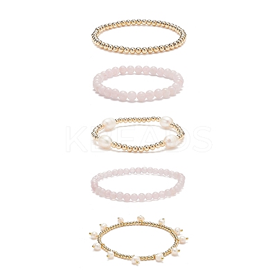 5Pcs 5 Style Natural Rose Quartz & Brass Beaded Stretch Bracelets Set BJEW-JB08870-02-1