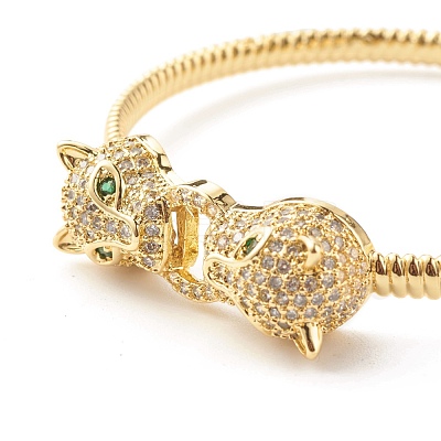 Green Cubic Zirconia Double Leopard Open Cuff Bangle BJEW-B054-20G-1