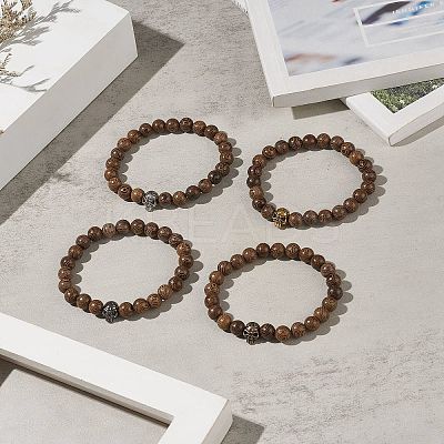 Natural Wenge Wood & Alloy Skull Beaded Stretch Bracelet for Women BJEW-JB09146-1
