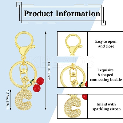 Brass Micro Pave Clear Cubic Zirconia Letter Pendant Keychain KEYC-SW00015-C-1