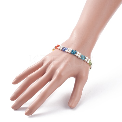 Shell Pearl & Glass Braided Flower Beaded Bracelet BJEW-TA00087-1