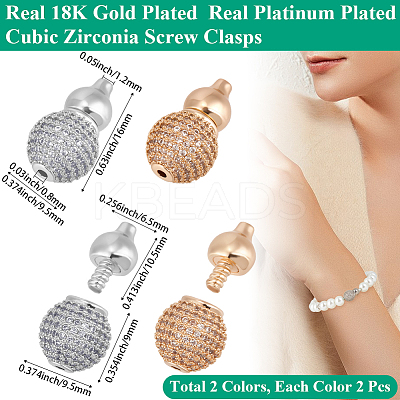 4Pcs 2 Colors Brass Micro Pave Clear Cubic Zirconia Screw Clasps KK-BBC0018-87-1