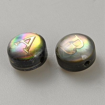 Natural Black Lip Shell Flat Round Beads Set with Golden Slices FIND-WH0170-37A-02-1